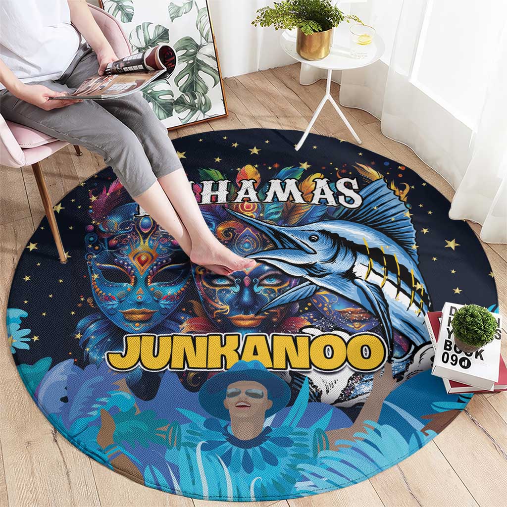 Round blue rug with Junkanoo mask artwork, “BAHAMAS” lettering across the top