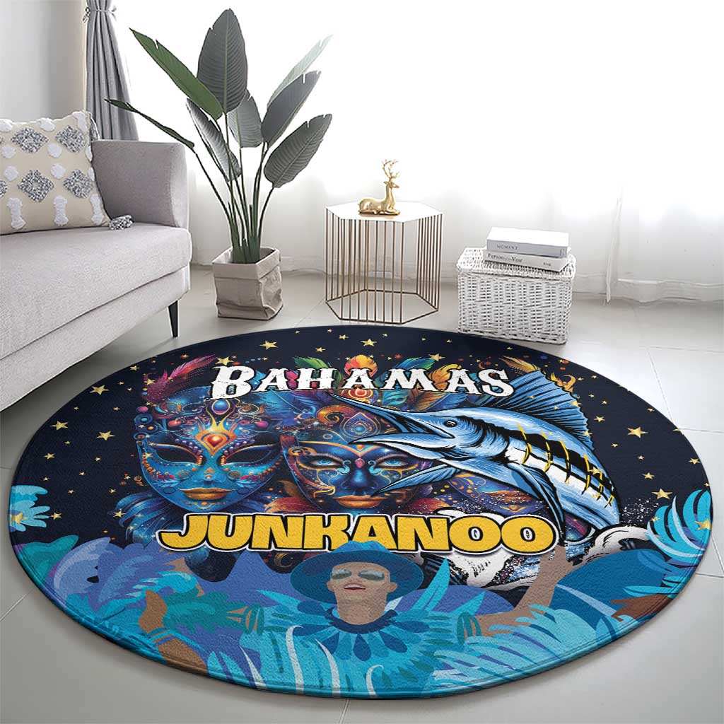 Large round blue rug with Junkanoo masks, marlin fish graphic, and star border