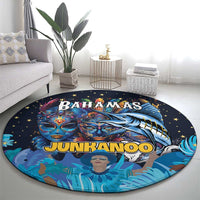 Large round blue rug with Junkanoo masks, marlin fish graphic, and star border