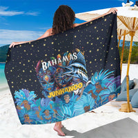 Blue starry sarong with colorful Junkanoo face and Bahamas text graphic