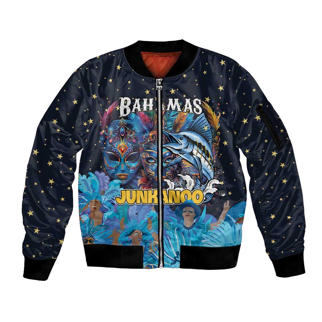 Personalized Bahamas Junkanoo Sleeve Zip Bomber Jacket Bahamian Mask Blue Marlin - Wonder Print Shop