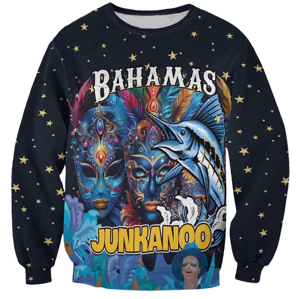 Dark navy crewneck sweatshirt with gold star print and colorful mask-and-marlin graphic
