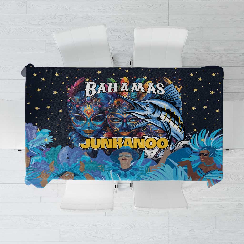 Blue tablecloth with Junkanoo masks, 'Bahamas Junkanoo' text, and star accents