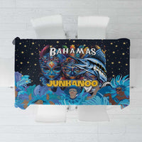 Blue tablecloth with Junkanoo masks, 'Bahamas Junkanoo' text, and star accents