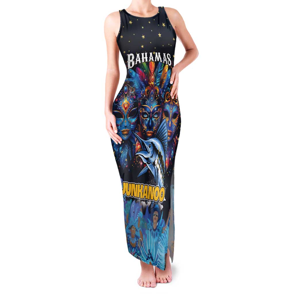 Personalized Bahamas Junkanoo Tank Maxi Dress Bahamian Mask Blue Marlin - Wonder Print Shop