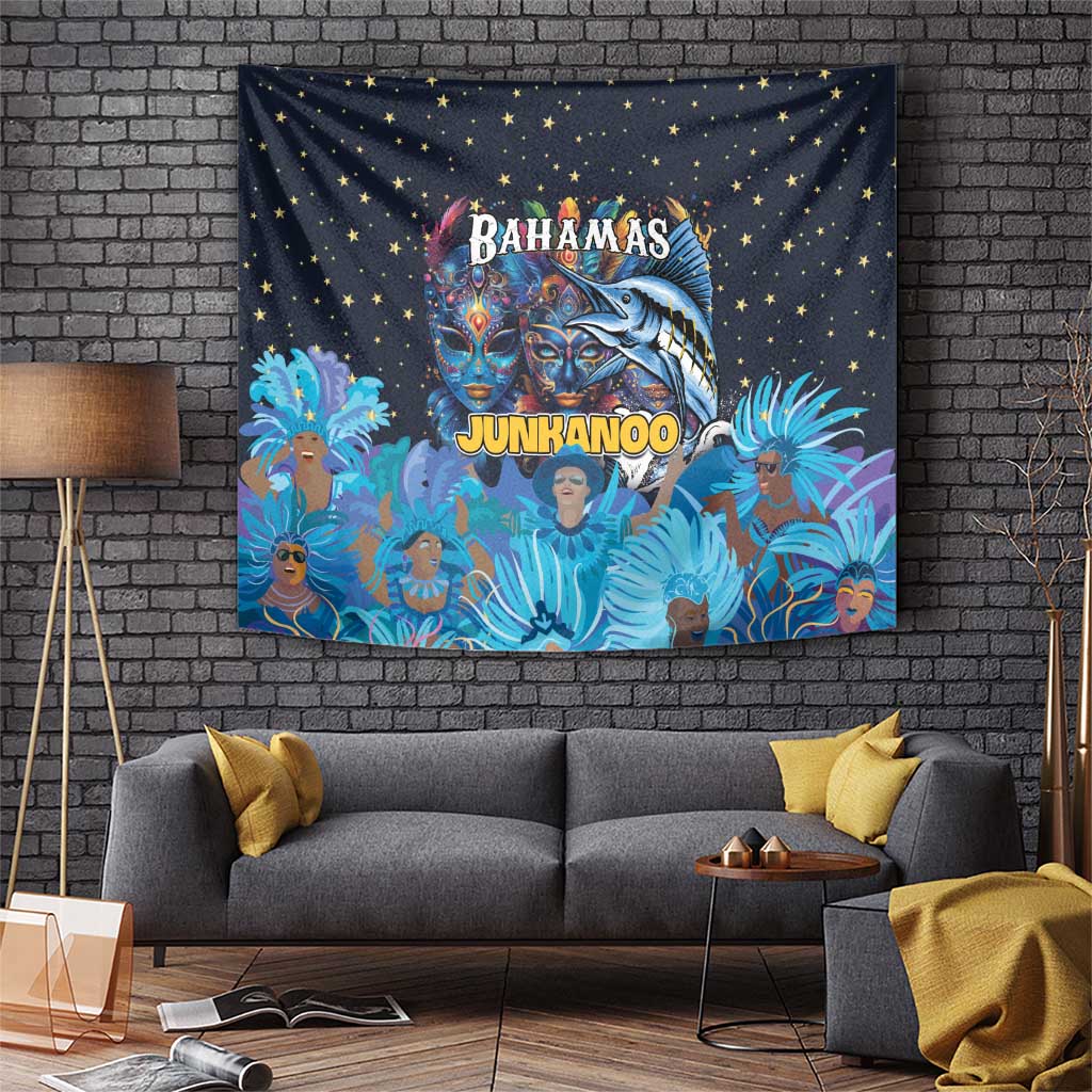 Blue Junkanoo tapestry with starry sky, three masks, and blue marlin artwork