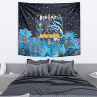 Blue Junkanoo tapestry showing Bahamas and Junkanoo text over masks and marlin