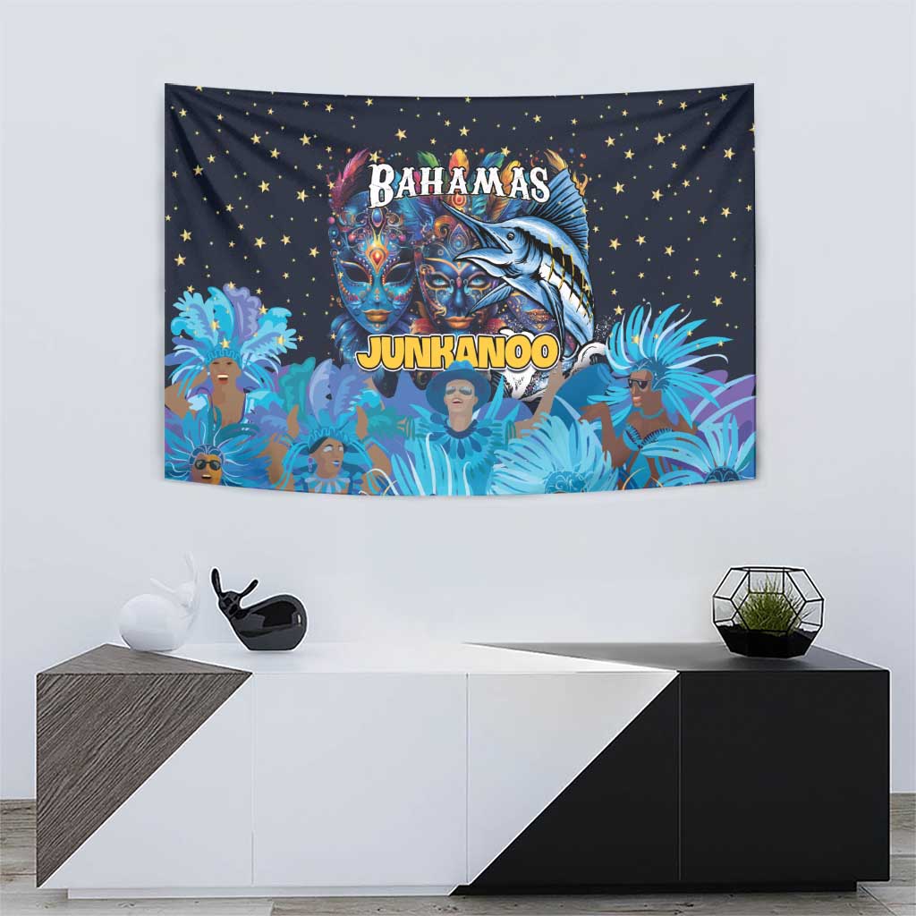 Blue Junkanoo tapestry with Bahamas and Junkanoo lettering, masks, dancers, and marlin