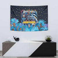 Blue Junkanoo tapestry with Bahamas and Junkanoo lettering, masks, dancers, and marlin