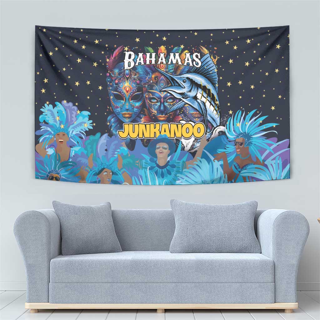 Blue Junkanoo wall tapestry with starry background, Bahamas title, masks, and marlin