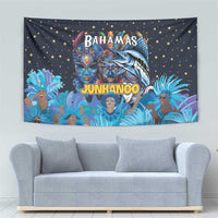 Blue Junkanoo wall tapestry with starry background, Bahamas title, masks, and marlin