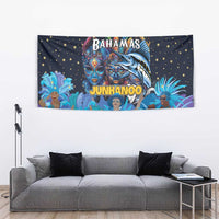 Blue Junkanoo tapestry with Bahamas and Junkanoo words, stylized masks and marlin