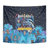 Blue Junkanoo tapestry close-up with starry backdrop, Bahamas title, masks, and marlin