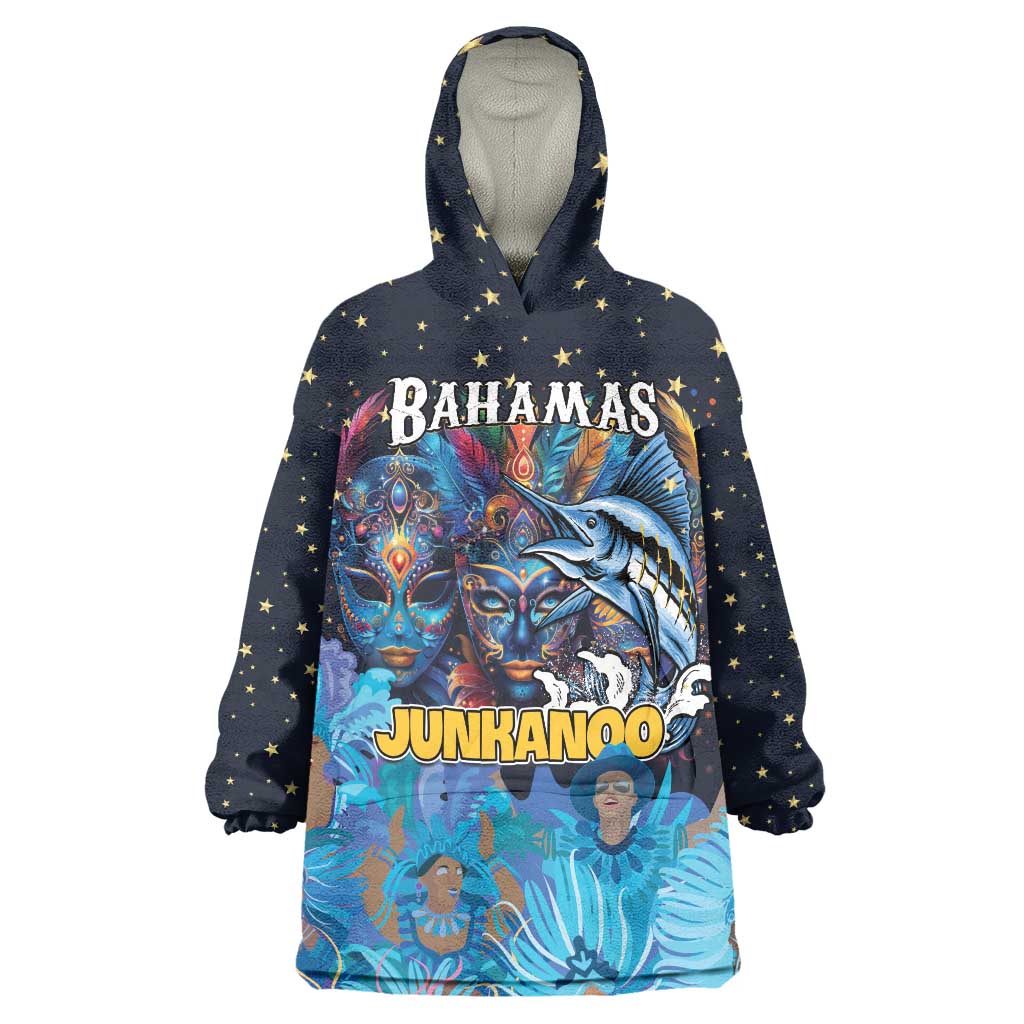 Personalized Bahamas Junkanoo Wearable Blanket Hoodie Bahamian Mask Blue Marlin