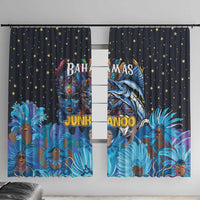 Blue Junkanoo window curtains with star pattern and colorful Bahamas masks and marlin