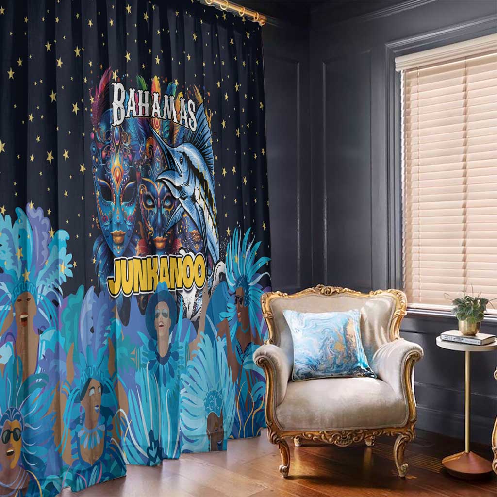 Blue Junkanoo window curtain panel with masks, marlin graphic, and golden star dots