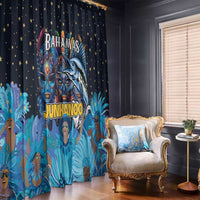Blue Junkanoo window curtain panel with masks, marlin graphic, and golden star dots