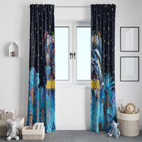 Pair of blue Junkanoo window curtains with golden stars and colorful mask artwork