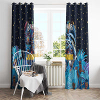 Blue Junkanoo window curtains with golden stars, Bahamas text, and marlin illustration