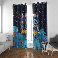 Blue Junkanoo window curtains with golden stars and Bahamas Junkanoo graphic