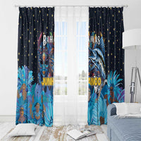 Blue Junkanoo window curtains with starry top and colorful mask and marlin prints