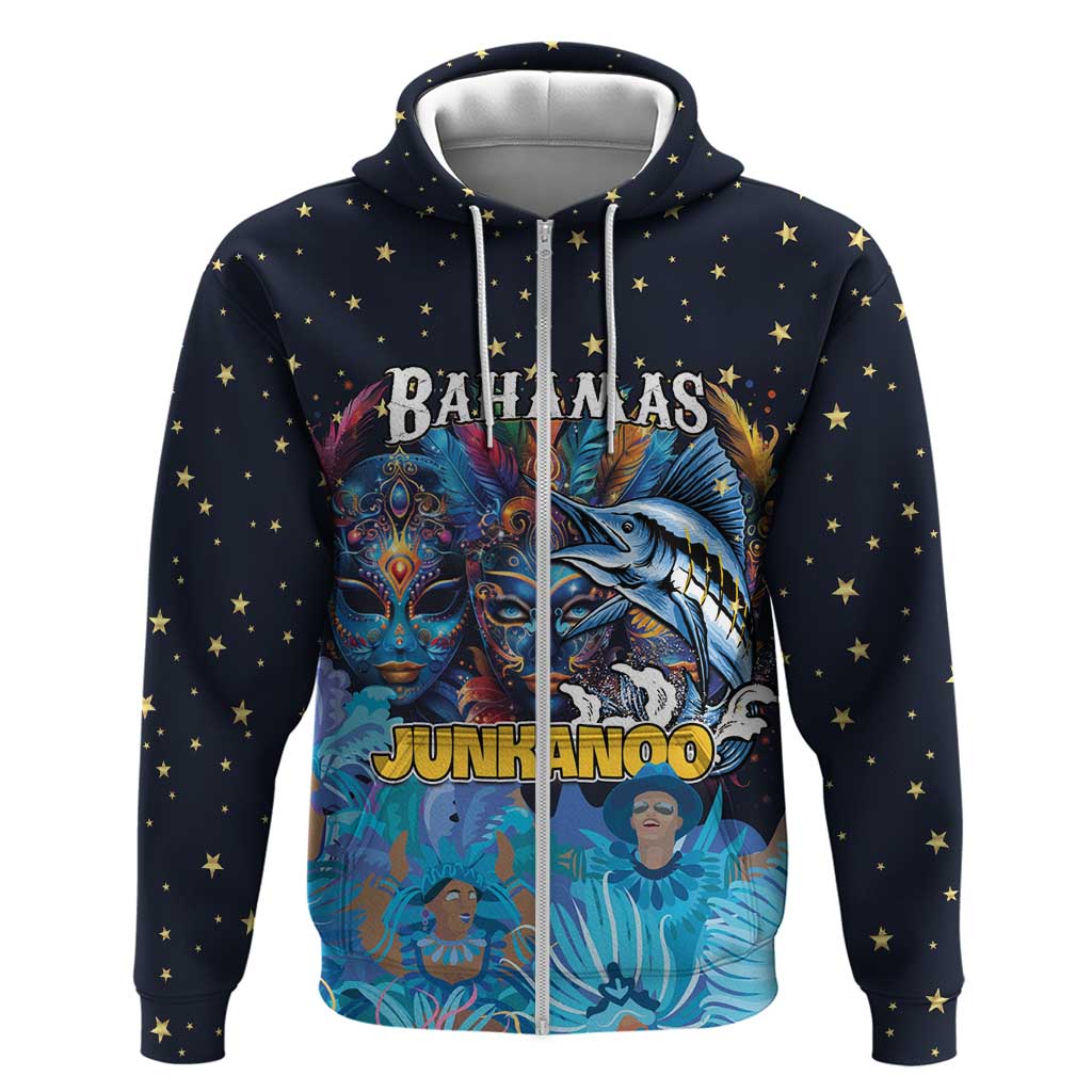 Personalized Bahamas Junkanoo Zip Hoodie Bahamian Mask Blue Marlin - Wonder Print Shop