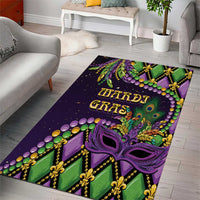 Mardi Gras area rug with purple fleur-de-lis mask, green panels, and gold bead trim