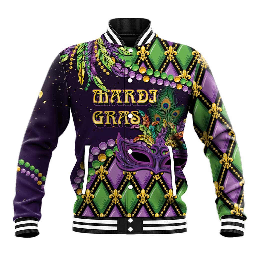 Purple Mardi Gras baseball jacket with fleur-de-lis trim and purple mask graphic