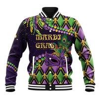Purple Mardi Gras baseball jacket with fleur-de-lis trim and purple mask graphic