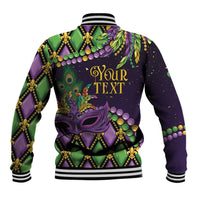 Purple Mardi Gras baseball jacket with green gold scrollwork and striped ribbed cuffs