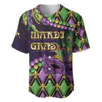Mardi Gras baseball jersey with purple/green mask, peacock feathers, gold trim