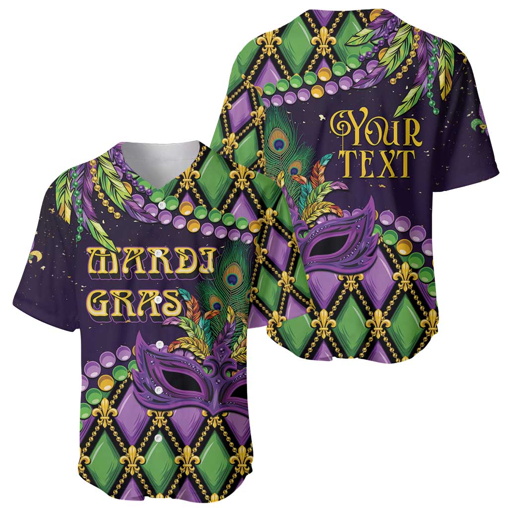 Mardi Gras baseball jersey shown from front, purple/green mask and feather pattern