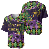 Mardi Gras baseball jersey shown from front, purple/green mask and feather pattern