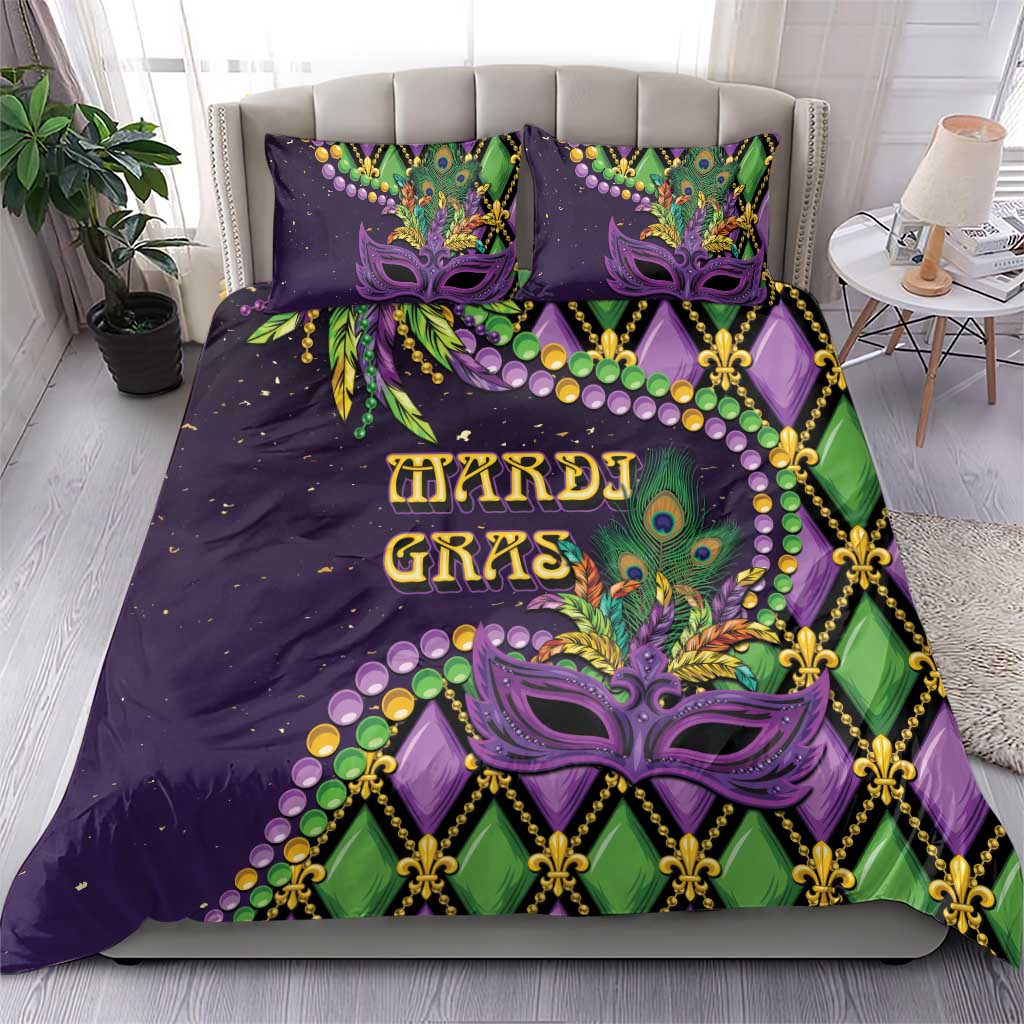 Purple Mardi Gras duvet set with two pillows, purple mask artwork, beads and green panels