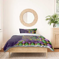 Purple Mardi Gras duvet set with pillow, purple mask and green bead pattern