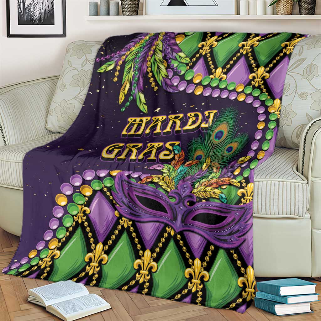 Mardi Gras throw blanket on an armchair, purple and green fleur-de-lis mask artwork