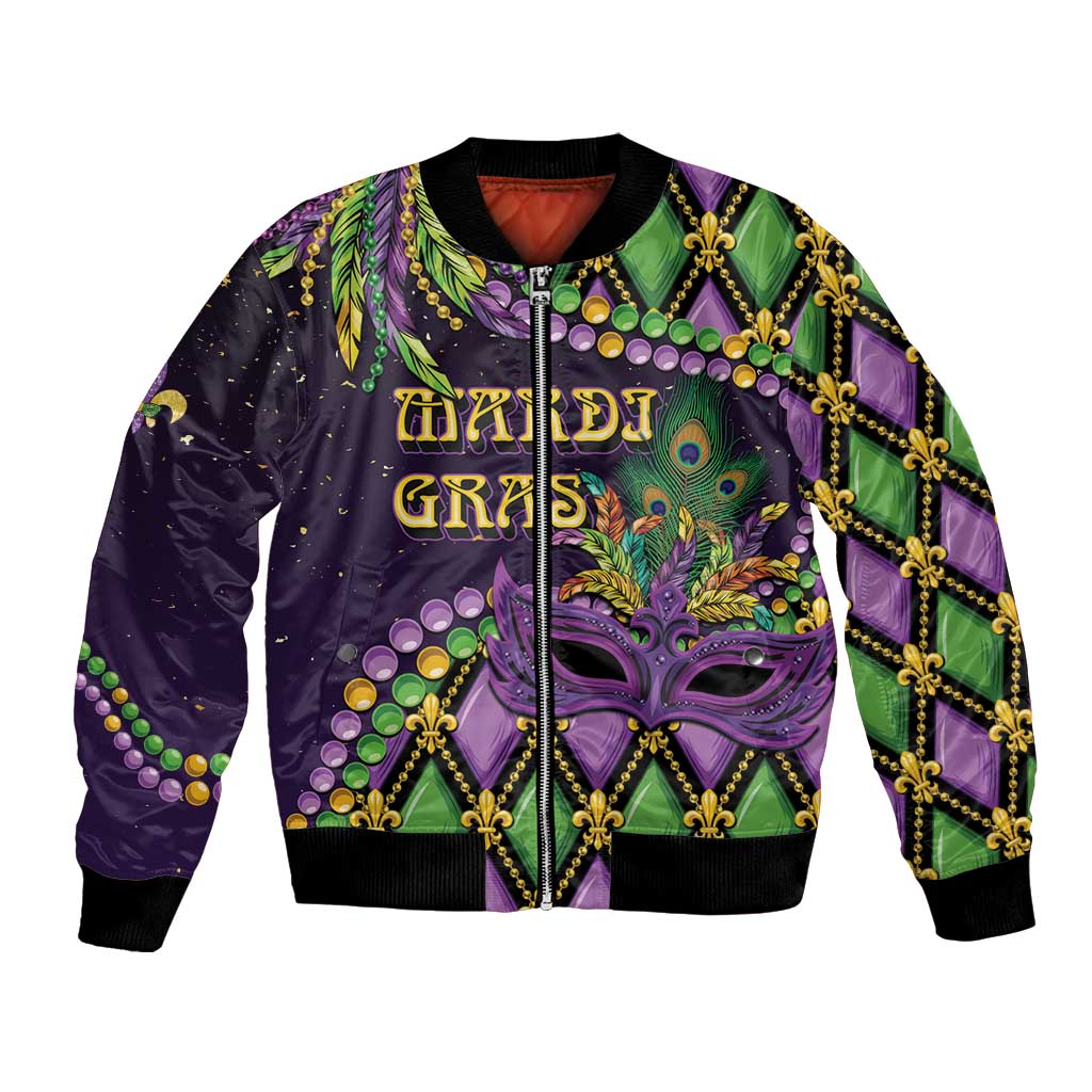 Mardi Gras bomber jacket in purple with green panels, gold trim, front mask graphic, zip-up