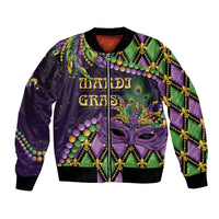 Mardi Gras bomber jacket in purple with green panels, gold trim, front mask graphic, zip-up
