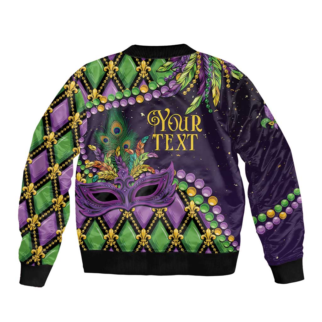 Mardi Gras bomber jacket back in purple with green panels and gold trim, mask art, Your Text