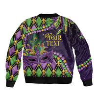 Mardi Gras bomber jacket back in purple with green panels and gold trim, mask art, Your Text