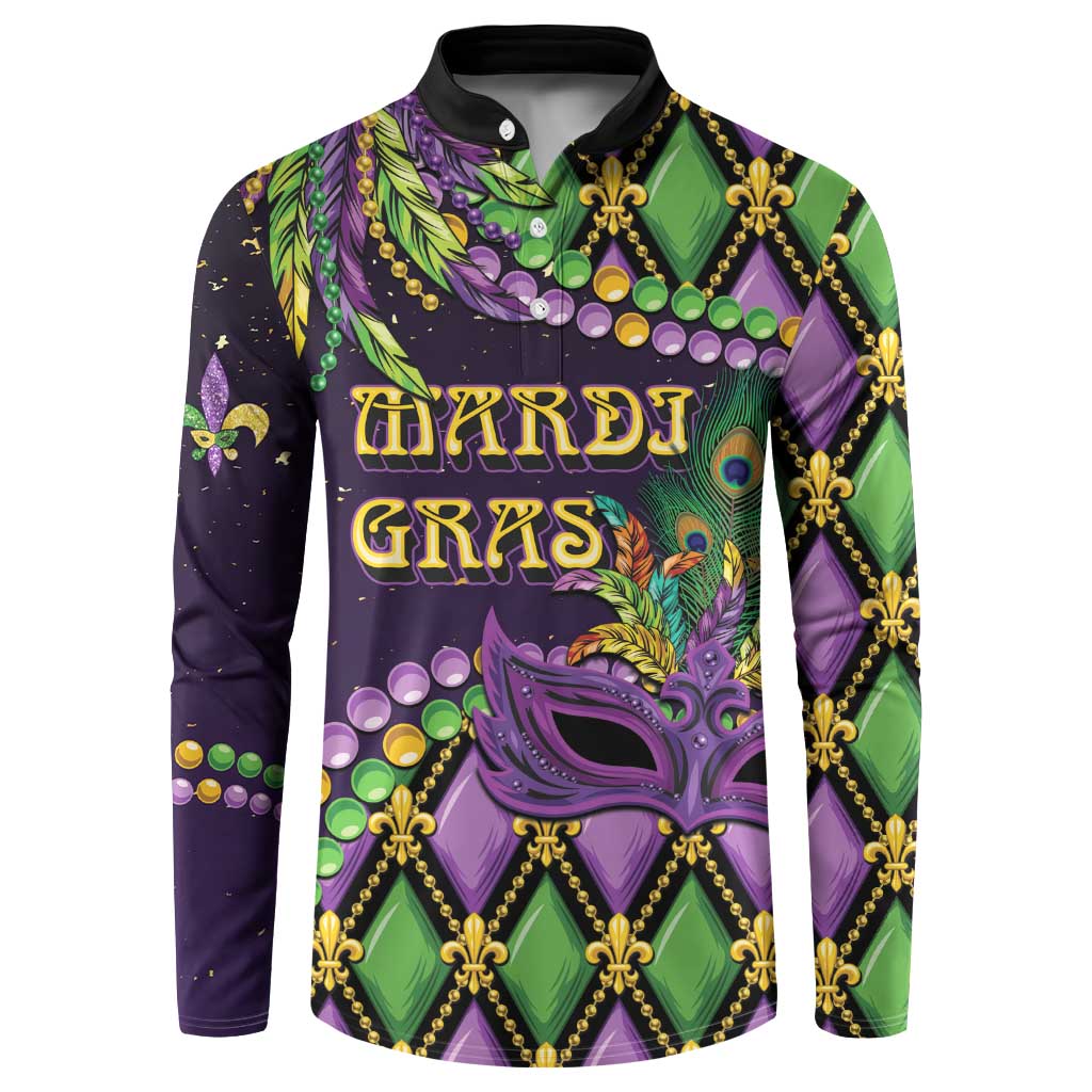 Long-sleeve button-collar sweatshirt, purple/green/gold masquerade mask and fleur-de-lis print