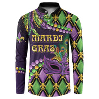 Long-sleeve button-collar sweatshirt, purple/green/gold masquerade mask and fleur-de-lis print