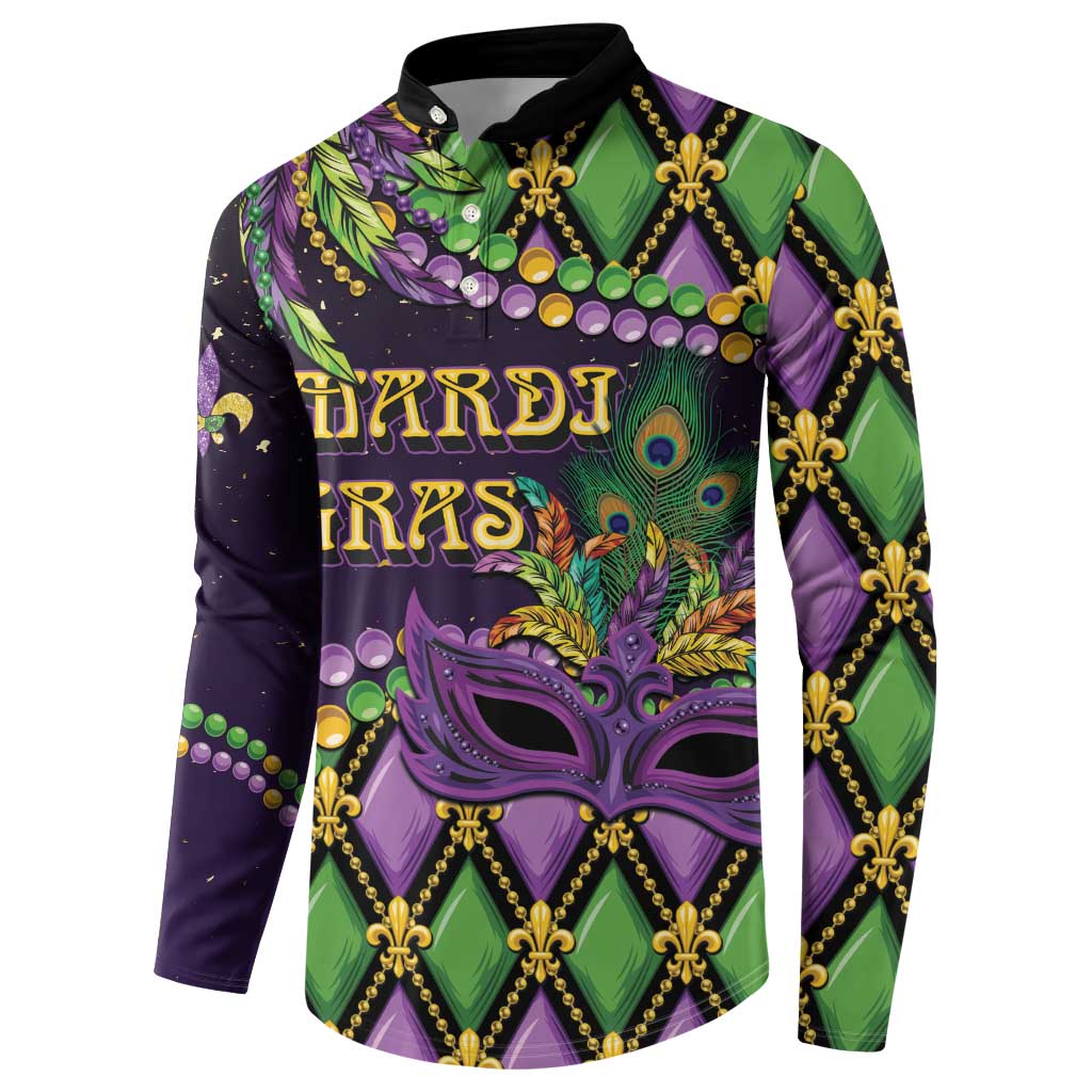 Long-sleeve button-collar sweatshirt, purple and green with gold filigree and mask graphic