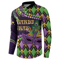 Long-sleeve button-collar sweatshirt, purple and green with gold filigree and mask graphic