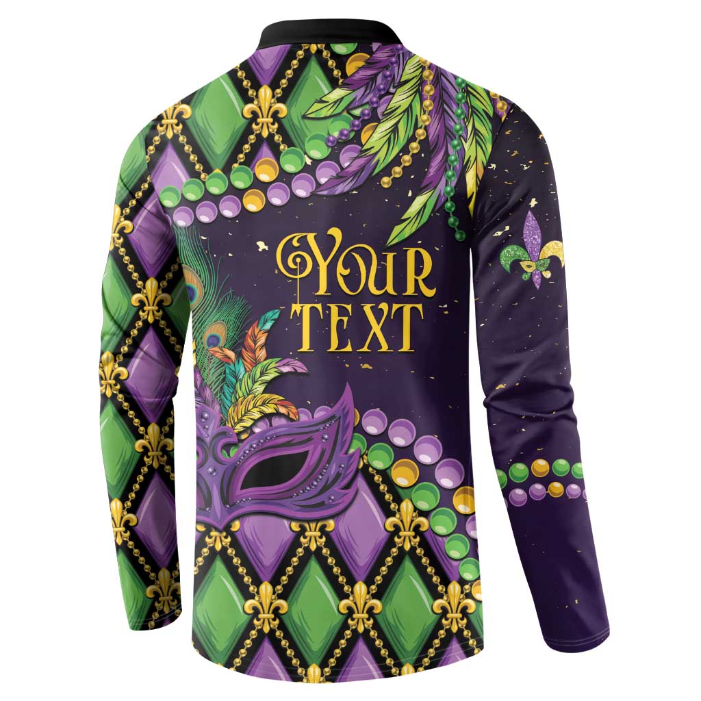 Back of long-sleeve button-collar sweatshirt, purple/green mask with 'Your Text' design
