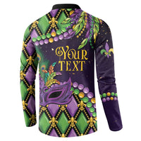 Back of long-sleeve button-collar sweatshirt, purple/green mask with 'Your Text' design