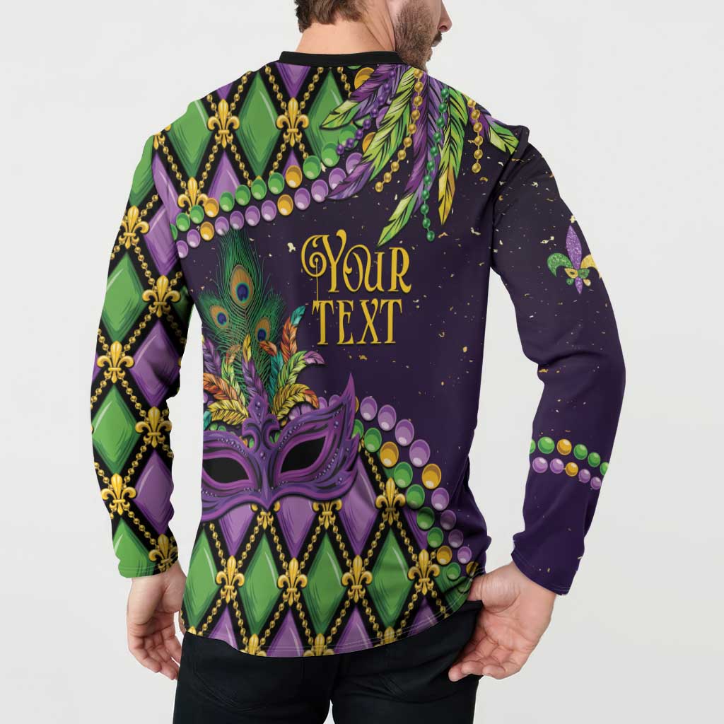 Back view long-sleeve button-collar sweatshirt, purple/green mask with 'Your Text' and fleur-de-lis