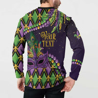 Back view long-sleeve button-collar sweatshirt, purple/green mask with 'Your Text' and fleur-de-lis