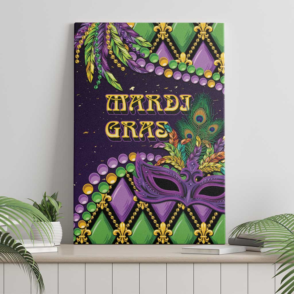 Mardi Gras canvas wall art featuring a purple mask, “HARDI GRAS” text, green and gold accents