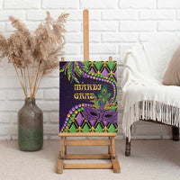 Mardi Gras canvas wall art on an easel, purple mask with “HARDI GRAS” lettering and gold trim